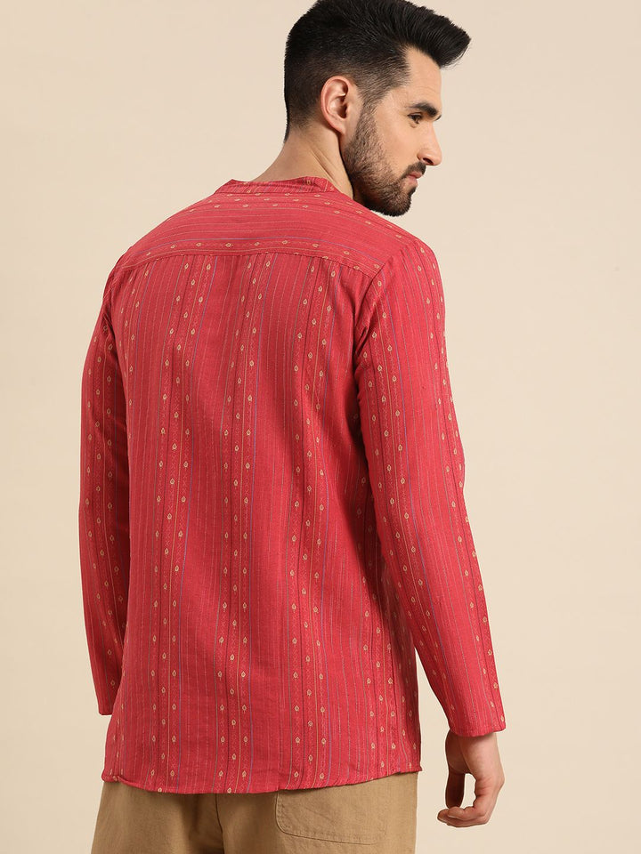 Anouk Men Coral Red Embroidered Mandarin Collar Short Kurta
