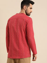 Anouk Men Coral Red Embroidered Mandarin Collar Short Kurta
