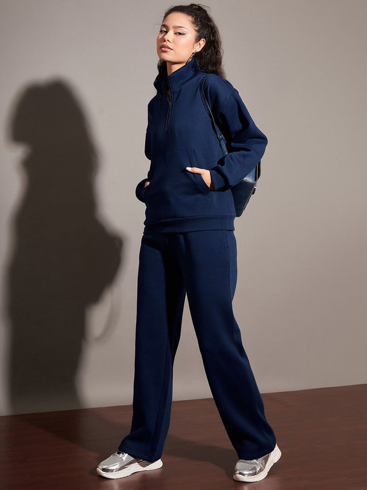 SASSAFRAS Women Navy Blue Relaxed Fit Mid-Rise Fleece Track Pants