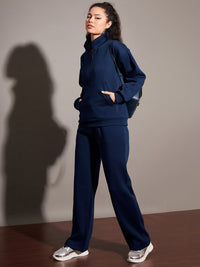 SASSAFRAS Women Navy Blue Relaxed Fit Mid-Rise Fleece Track Pants