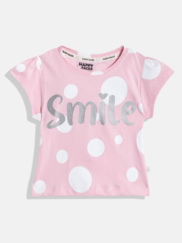 Happy Faces Girls Polka Dots & Typography Printed Pure Cotton T-shirt