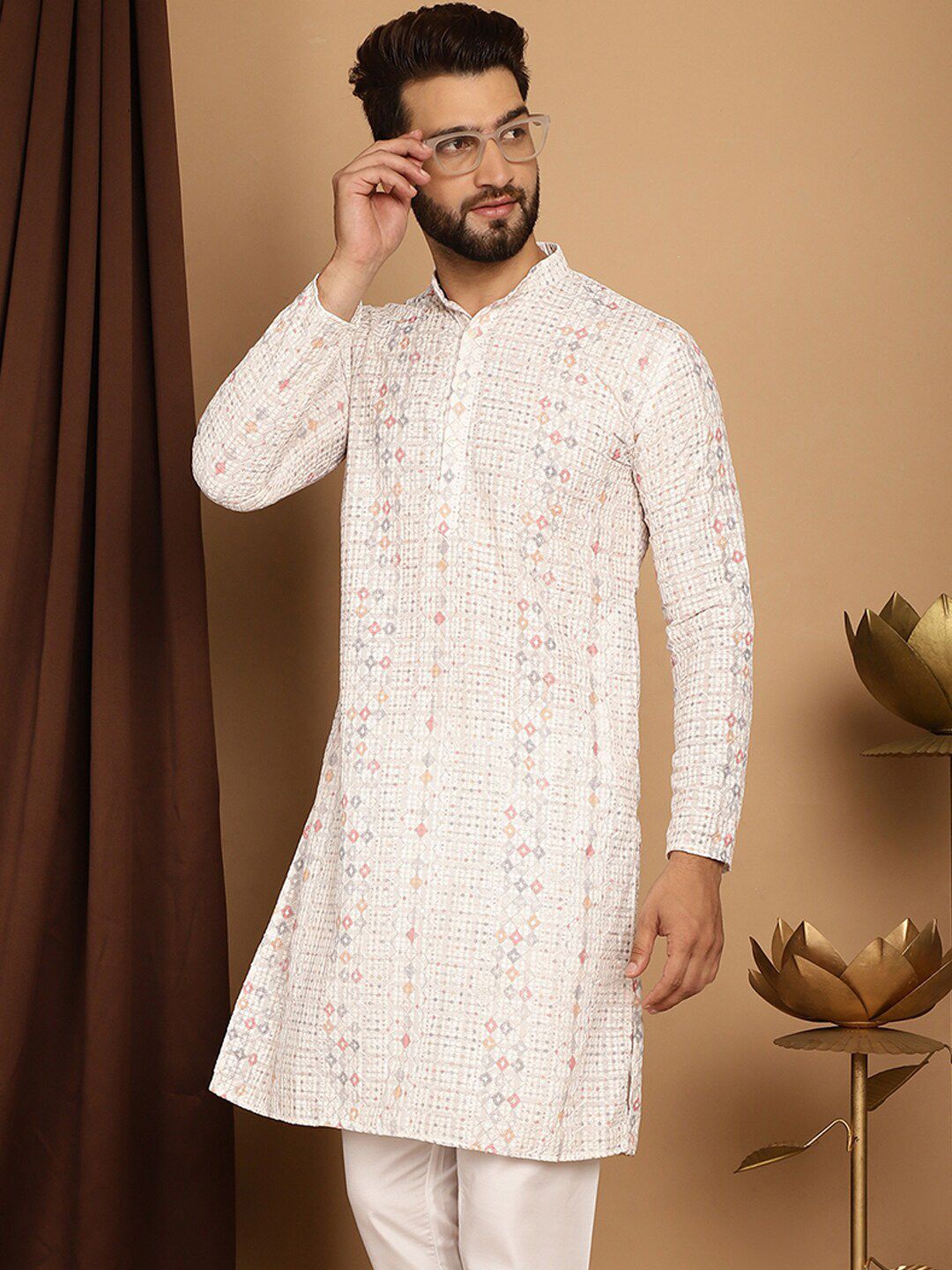 SOJANYA Embellished Sequinned Long Sleeves Straight Pure Cotton Kurta