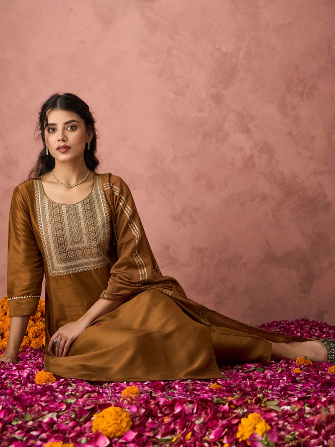 KALINI Ethnic Motifs Yoke Design Thread Work Straight Kurta with Trousers & Dupatta