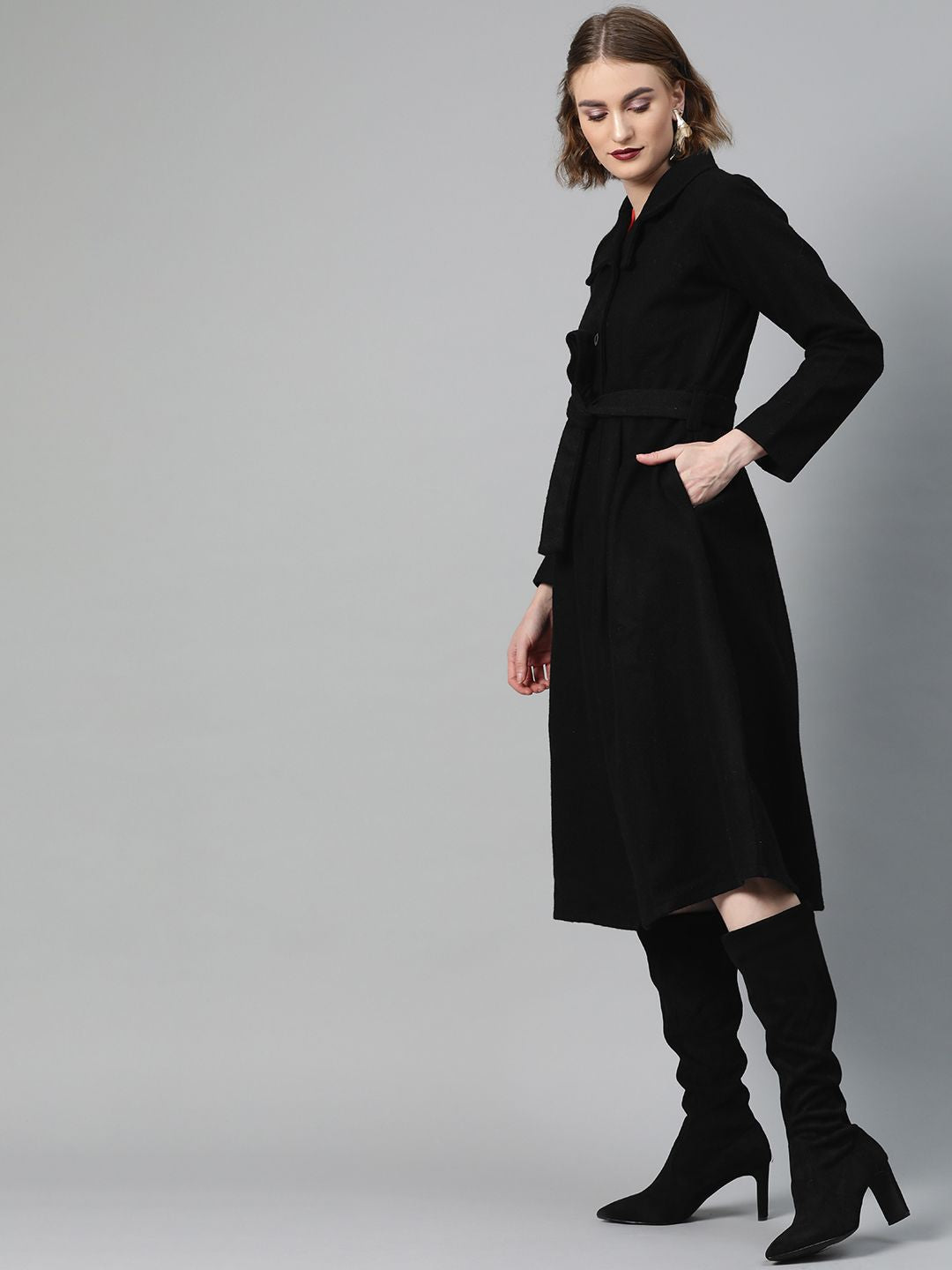 Athena Women Black Solid Overcoat