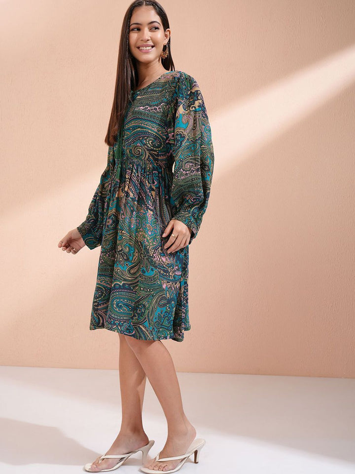 Vishudh Ethnic Motifs Printed Tie-Ups Detail Fit & Flare Dress