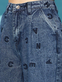 STREET 9 Women Blue Embroidered Clean Look Mom Fit High-Rise Pure Cotton Jeans
