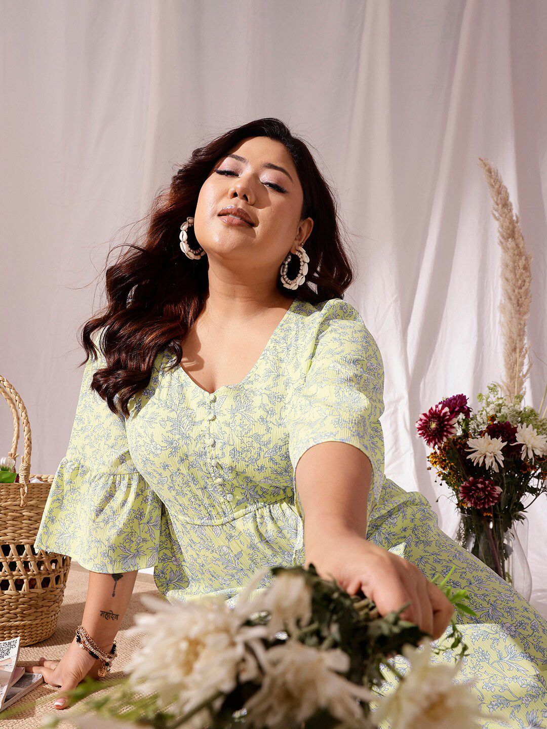 CURVY STREET Plus Size Floral Print V-Neck Long Bell Sleeve Fit & Flare Dress