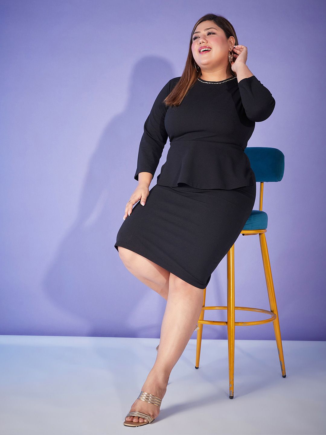 SASSAFRAS Curve Plus Size Black Round Neck Peplum Dress