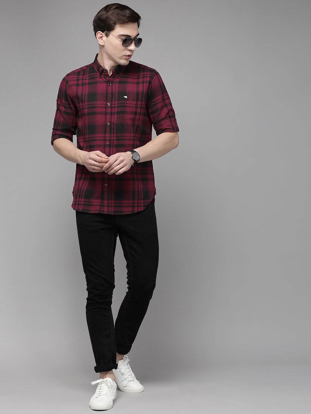 THE BEAR HOUSE Men Maroon Slim Fit Pure Cotton Checked Flannel Slim Fit Casual Shirt