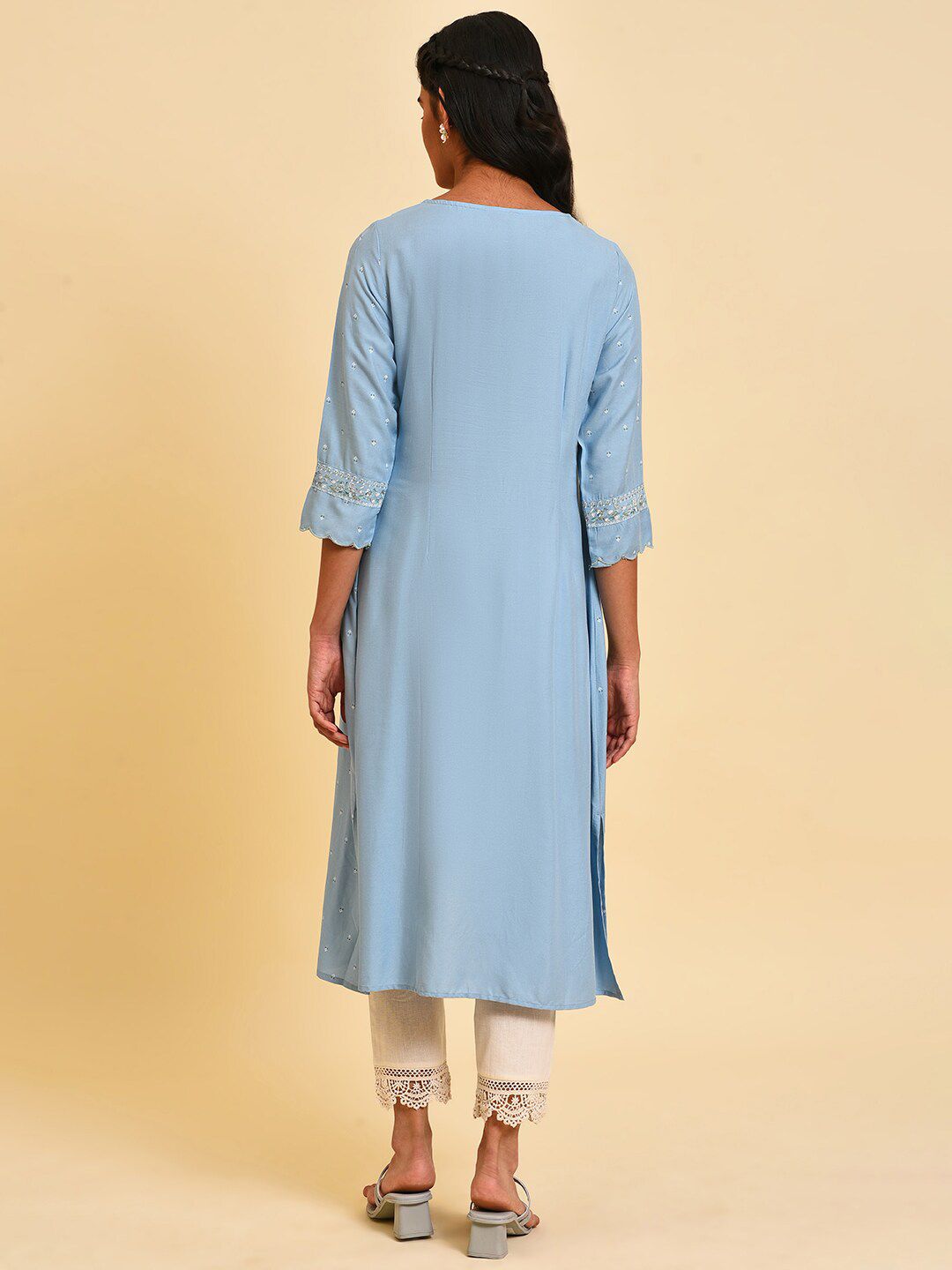 W Floral Printed Keyhole Neck A-Line Kurta