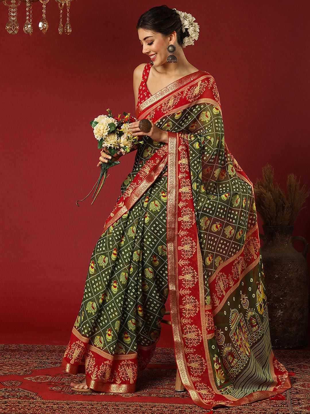 KALINI Bandhani Zari Pure Georgette Bandhani Saree