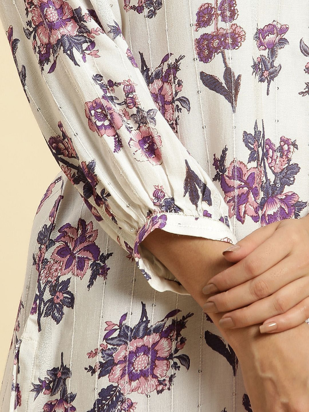 W Floral Printed Keyhole Neck Flared Sleeves Sequinned Straight Kurta