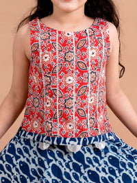 pspeaches Girls Blue & Red Printed Ready to Wear Lehenga &