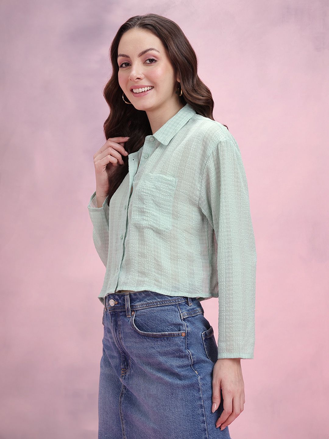 DressBerry Seersucker Checked Boxy Casual Shirt