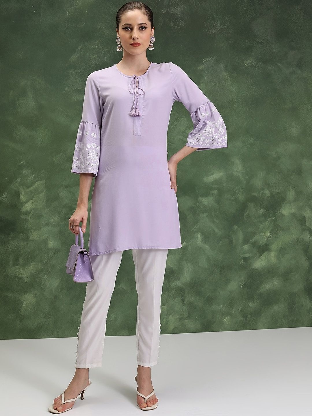 Vishudh Printed Tie-Up Neck Bell Sleeves Short Kurta