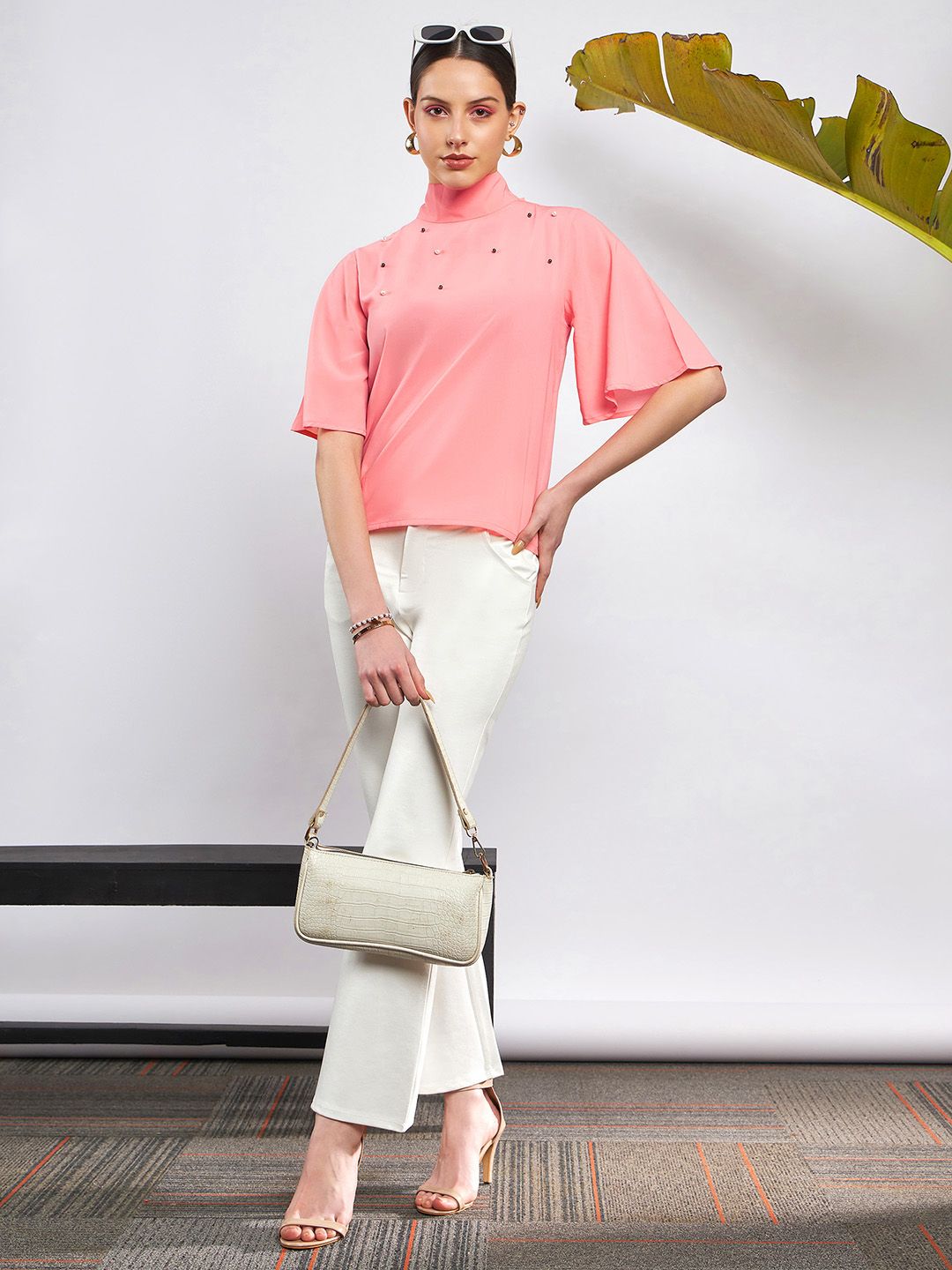 SASSAFRAS Peach-Coloured Embellished High Neck Flared Sleeve Beads & Stones Georgette Top