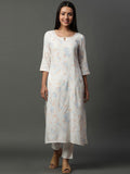 AURELIA Floral Printed Keyhole Neck Three Quarter Sleeves Thread Work Kurta