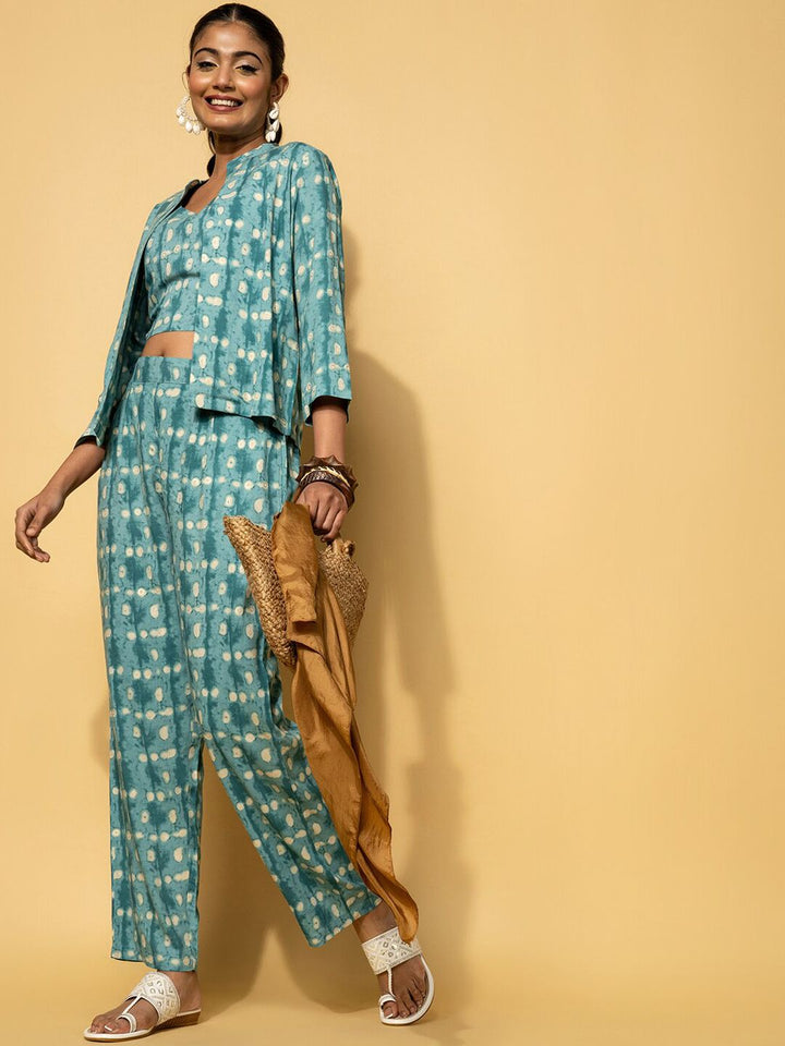 Libas 3 Pcs Printed Crop Top Palazzo With Jacket Co-Ords