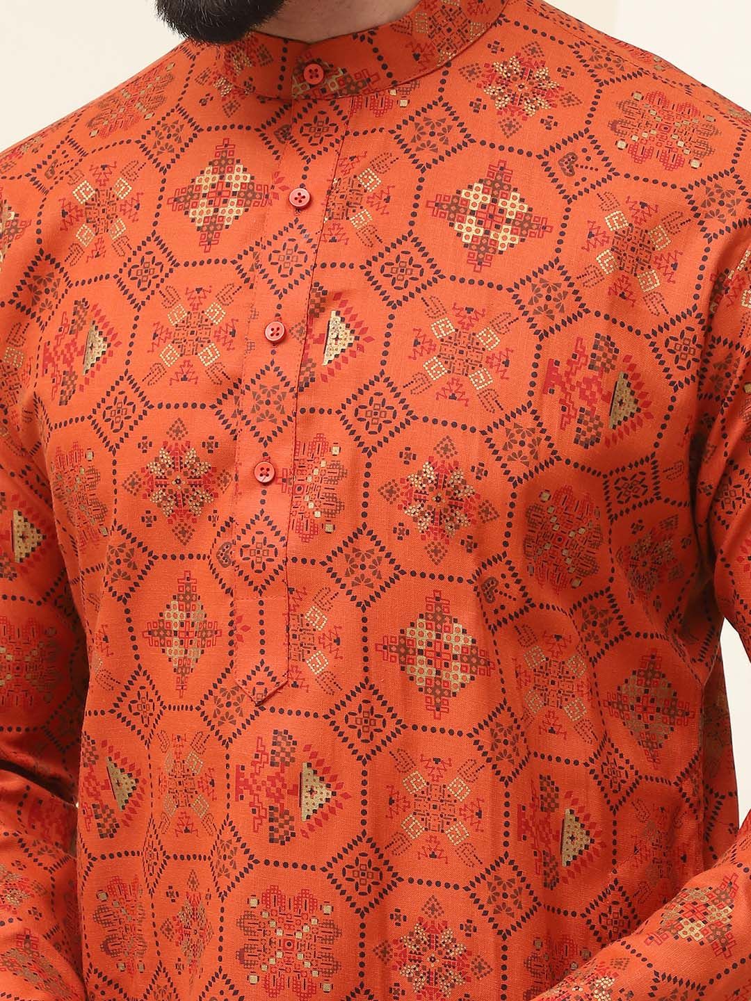 SOJANYA Men Orange & White Geometric Printed  Cotton Linen Kurta