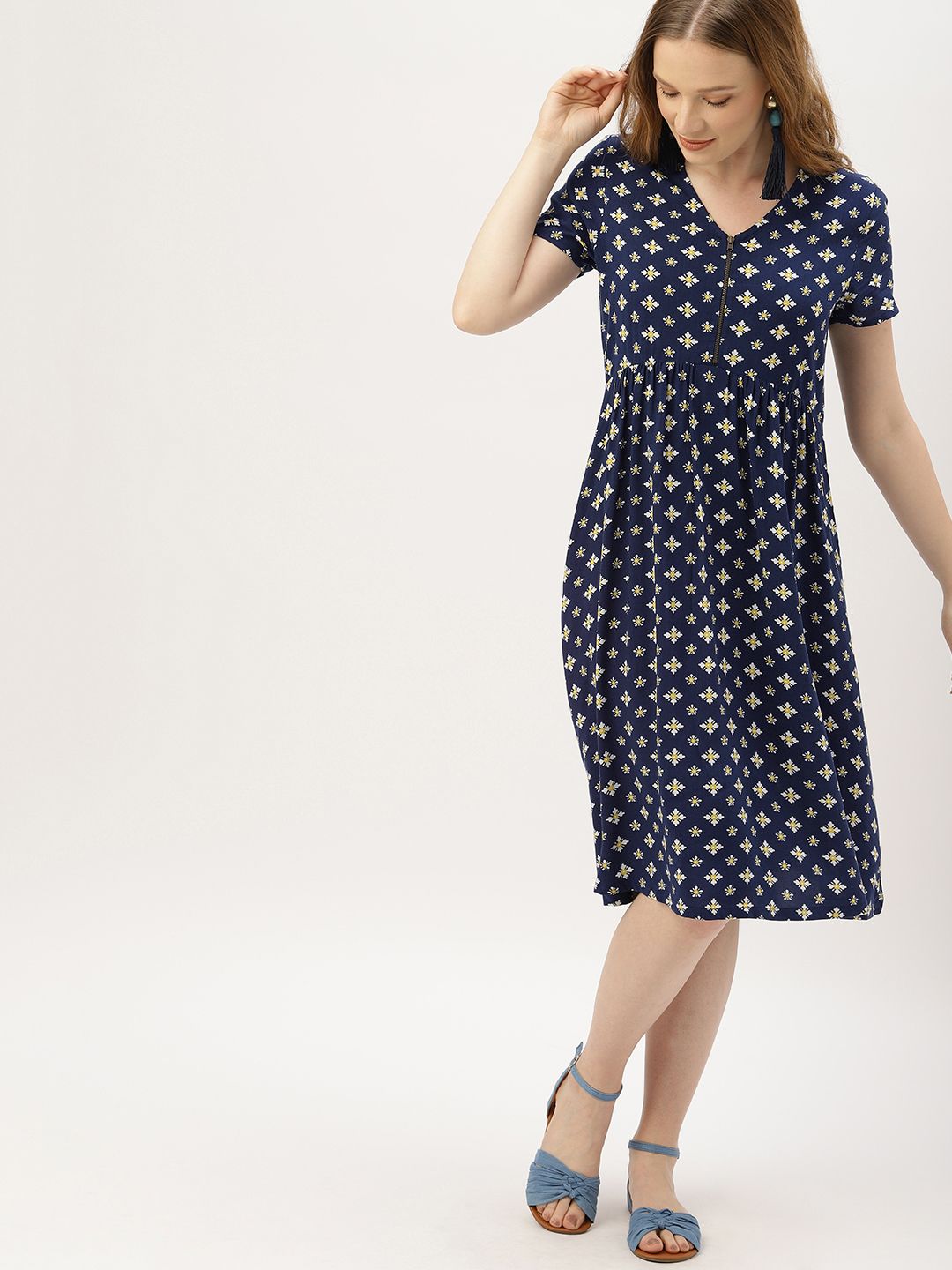 DressBerry Women Printed Navy Blue & White A-Line Dress