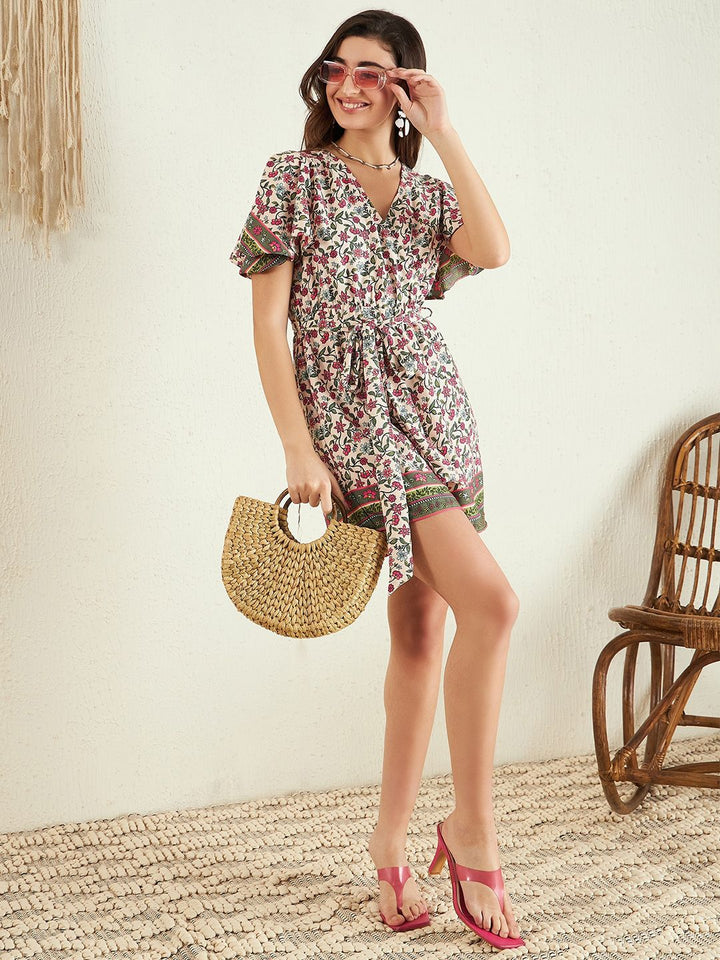 Berrylush Pink Floral Printed V-Neck Flared Sleeves Playsuit With Belt