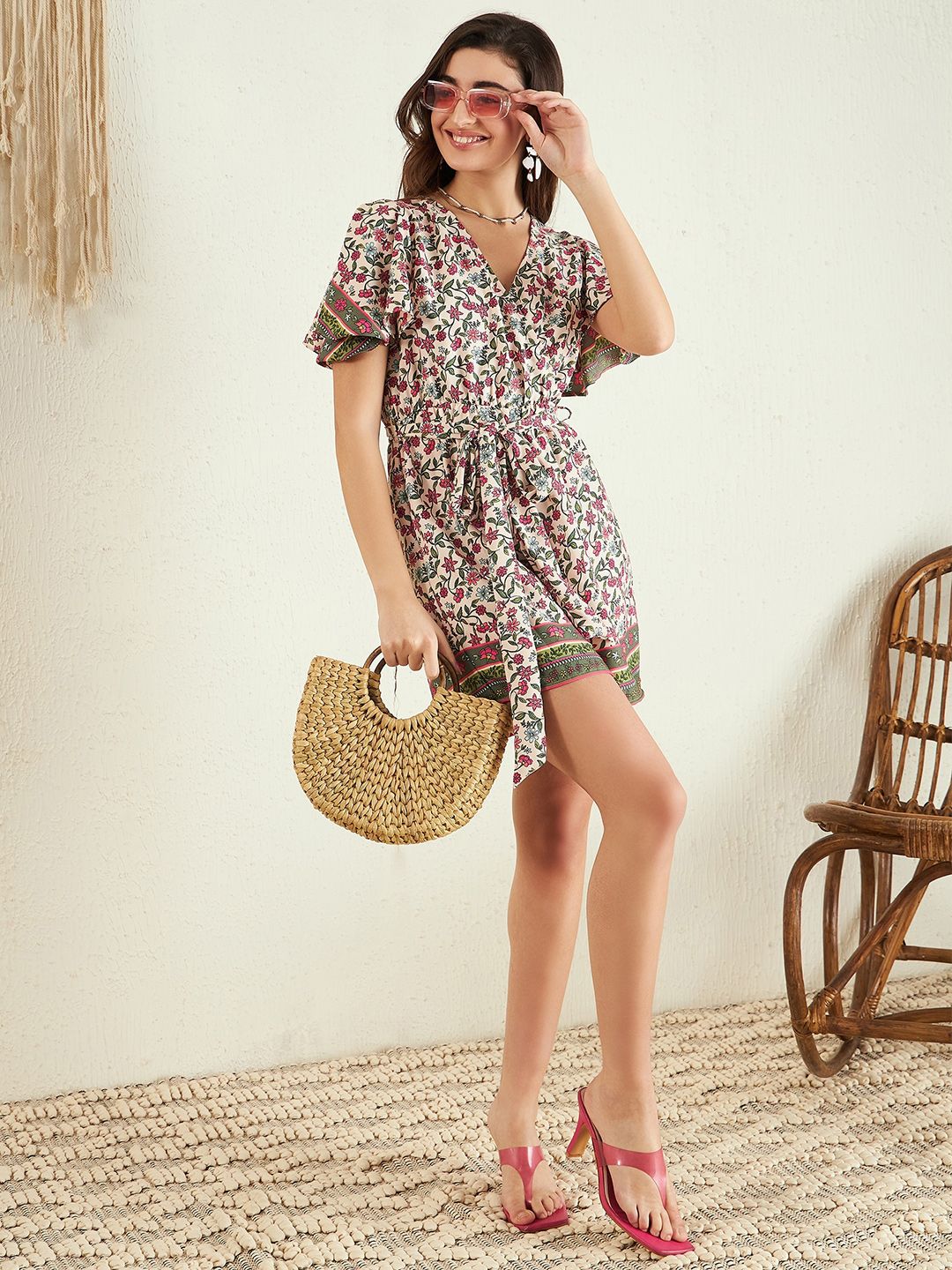 Berrylush Pink Floral Printed V-Neck Flared Sleeves Playsuit With Belt