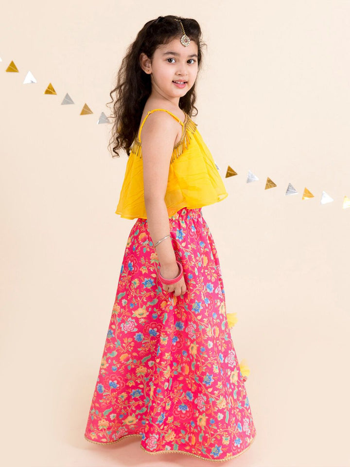 pspeaches Girls Coral & Yellow Ready to Wear Lehenga Choli