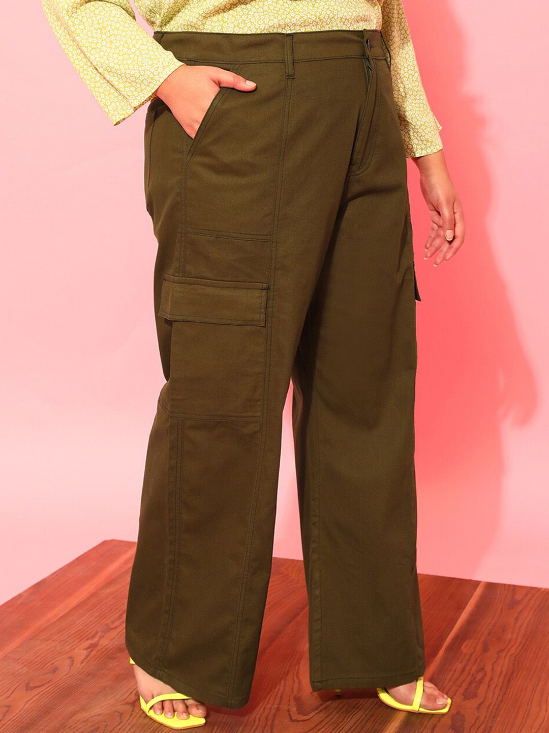 CURVY STREET Women Plus Size Olive Green Relaxed Straight Leg Pure Cotton Trousers