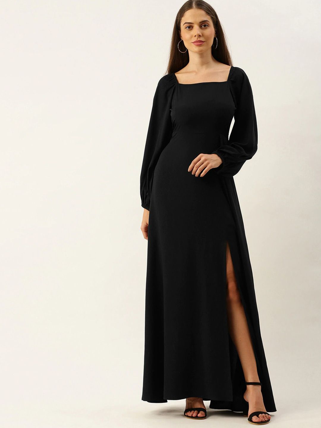 Berrylush Women Black Crepe High Slit Maxi Dress