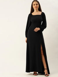 Berrylush Women Black Crepe High Slit Maxi Dress