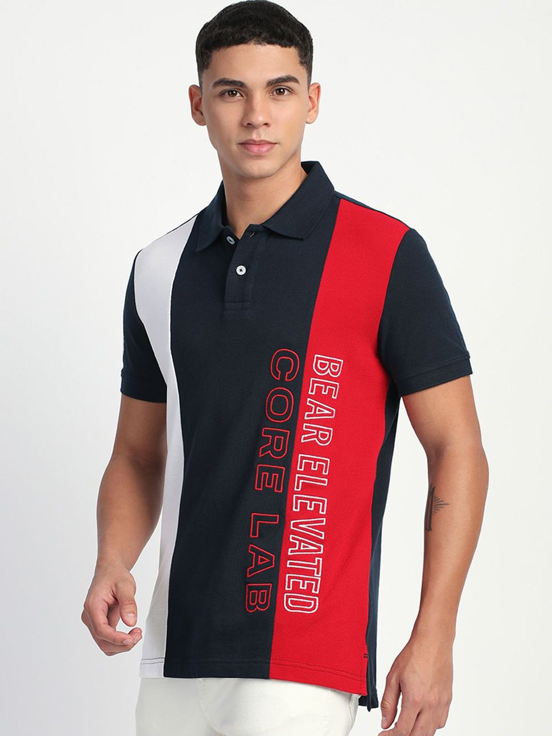 THE BEAR HOUSE Men Colourblocked Printed Polo Collar Cotton Slim Fit T-Shirt
