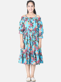 Cutiekins Girls Blue & Red Printed Fit & Flare Dress