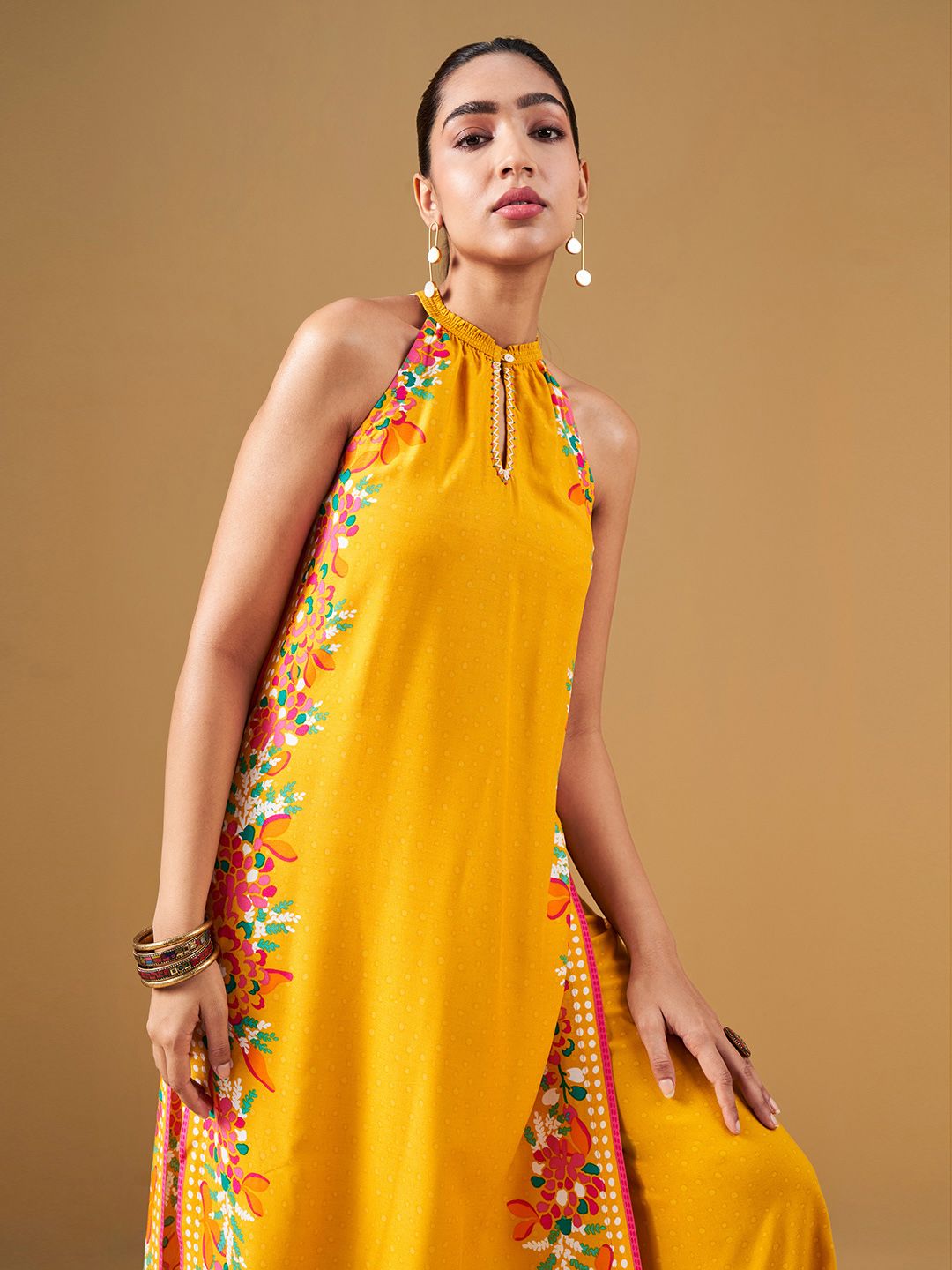 Global Desi Floral Printed Halter Neck Straight Kurta & Palazzo