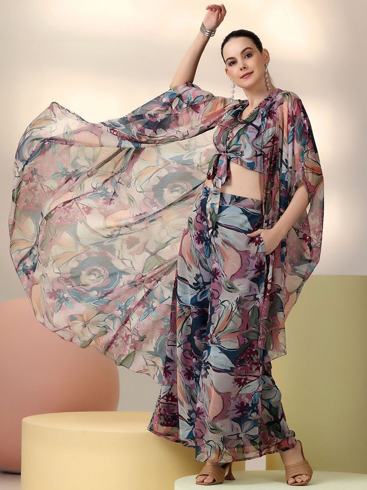 Libas Floral Printed V-Neck Top & Palazzo With Shrug