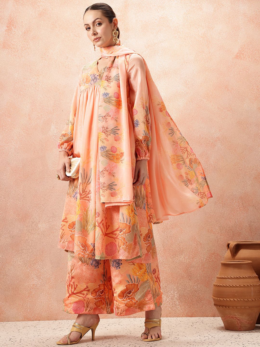 all about you Floral Printed Empire Kurta with Palazzos & With Dupatta