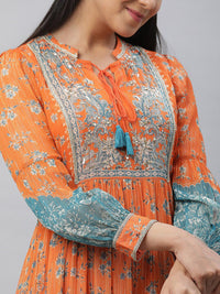AURELIA Floral Printed Tie-Up Neck Cuffed Sleeves Tiered Detail Georgette Maxi Dress