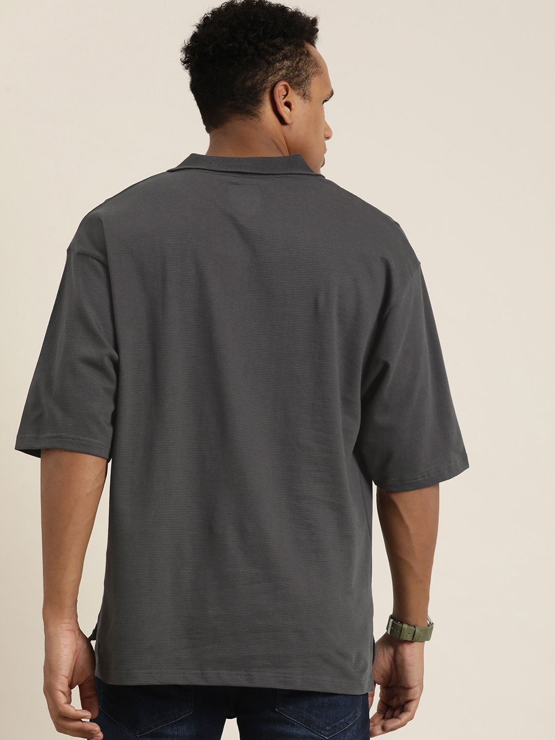 DILLINGER Men Solid Honeycomb Structure Oversized Cotton Polo T-Shirt