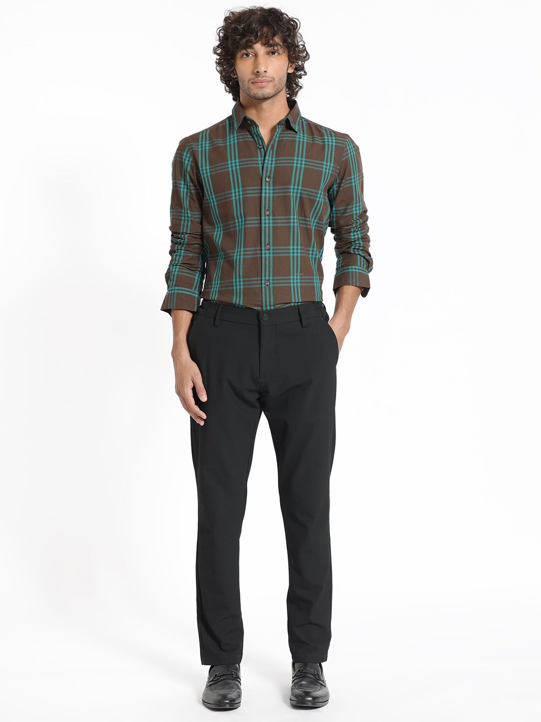 RARE RABBIT Men Brown Slim Fit Tartan Checks Checked Cotton Casual Shirt