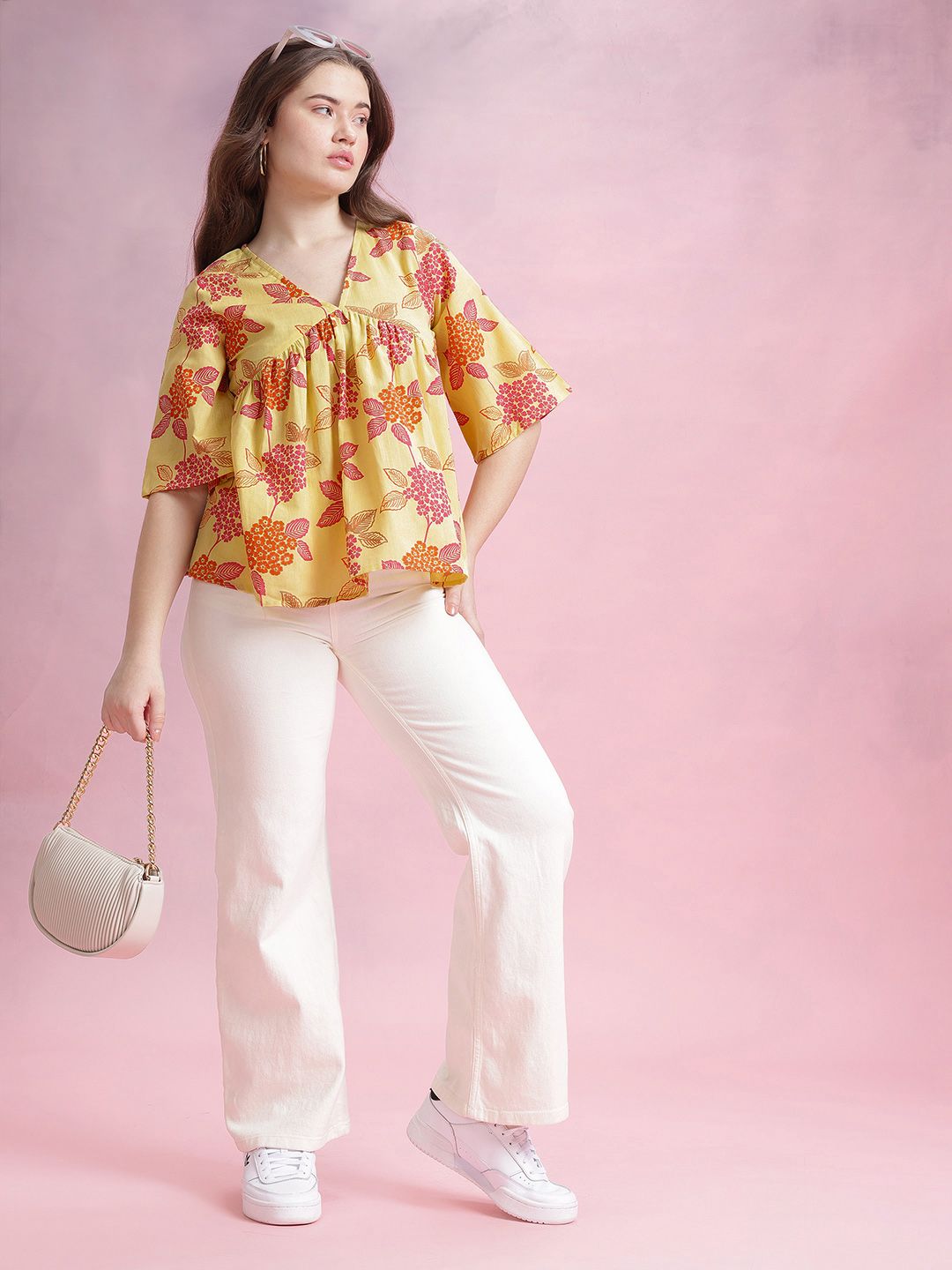 DressBerry Floral Print Cotton Linen Empire Top