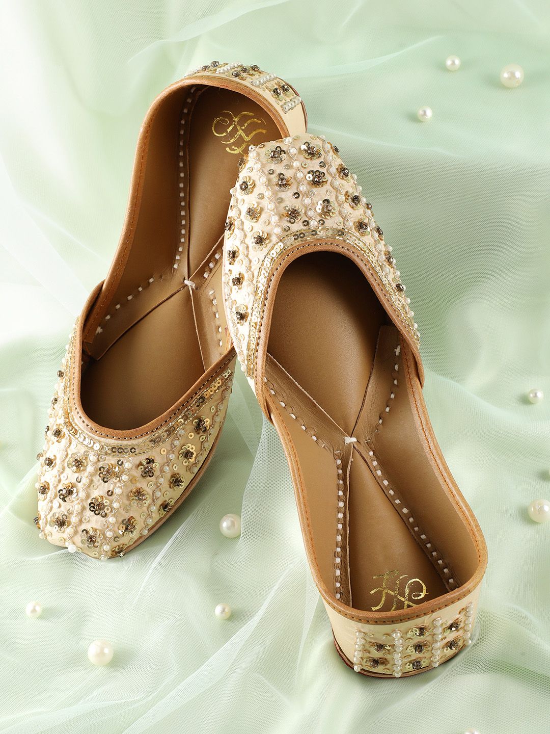 House of Pataudi Women Sequin & Beads Embellished Leather Mojaris