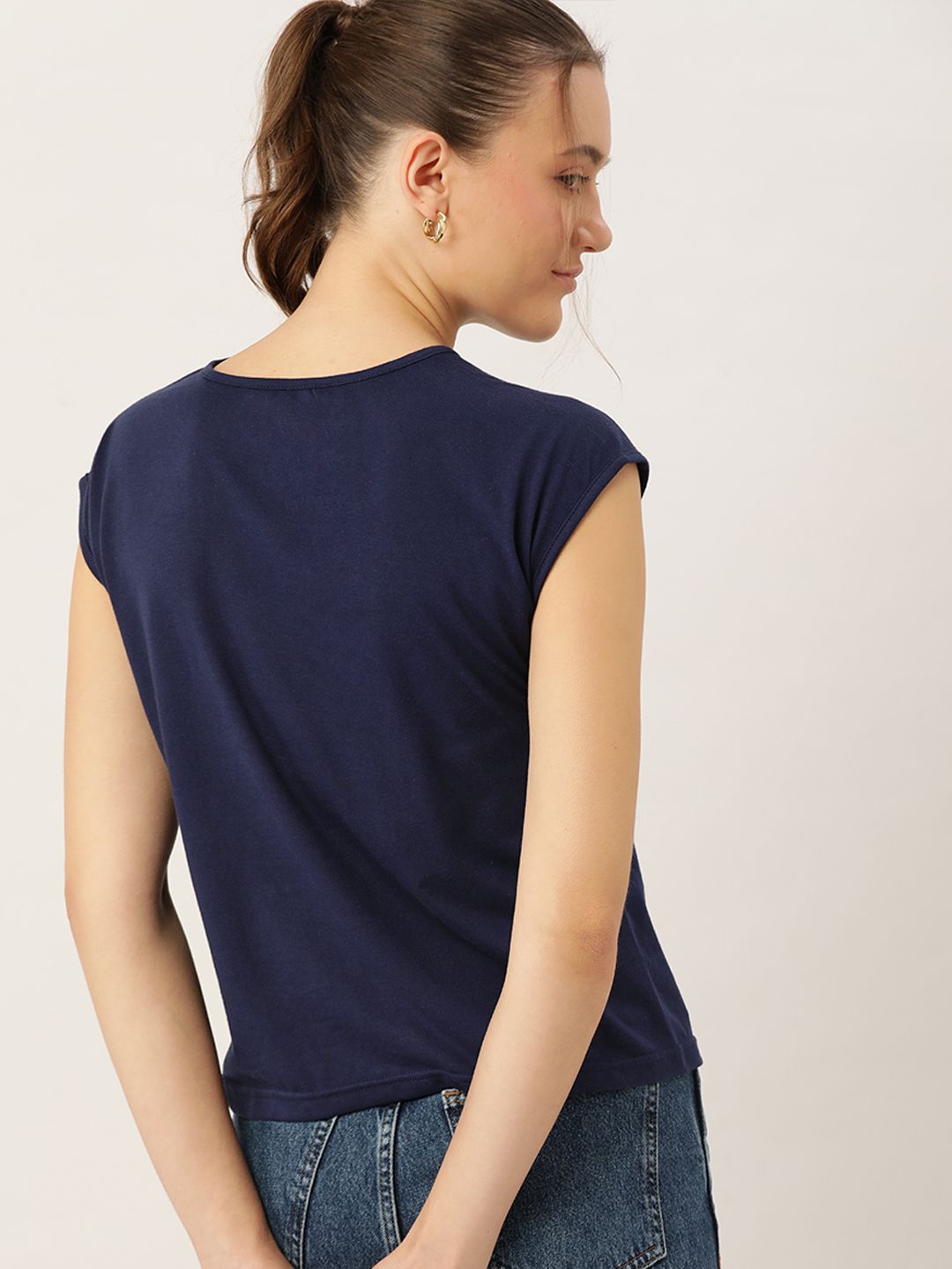 DressBerry Navy Blue Extended Sleeves Lace Regular Top