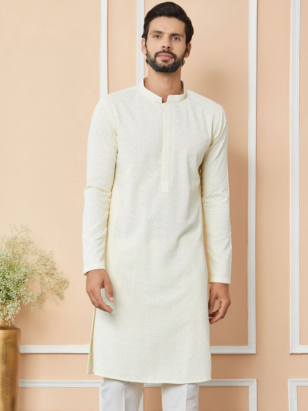 See Designs Mandarin Collar Long Sleeves Thread Work Straight Kurta