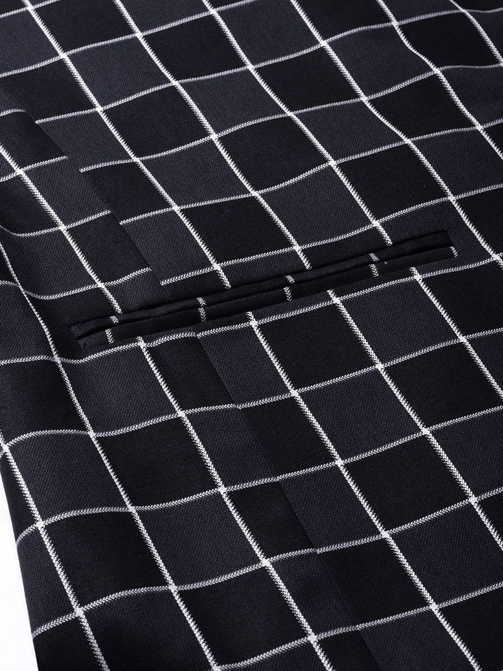 MANQ Men Navy Blue & White Checked Slim Fit Single Breasted Party Blazer