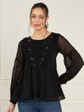 Antheaa Sequined Cuffed Sleeves A-Line Top with Pleated Detail