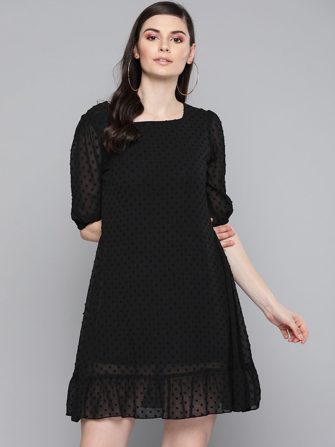 SASSAFRAS Black Self Design Dobby Weave A-Line Dress