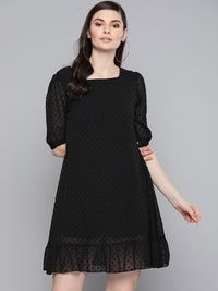 SASSAFRAS Black Self Design Dobby Weave A-Line Dress