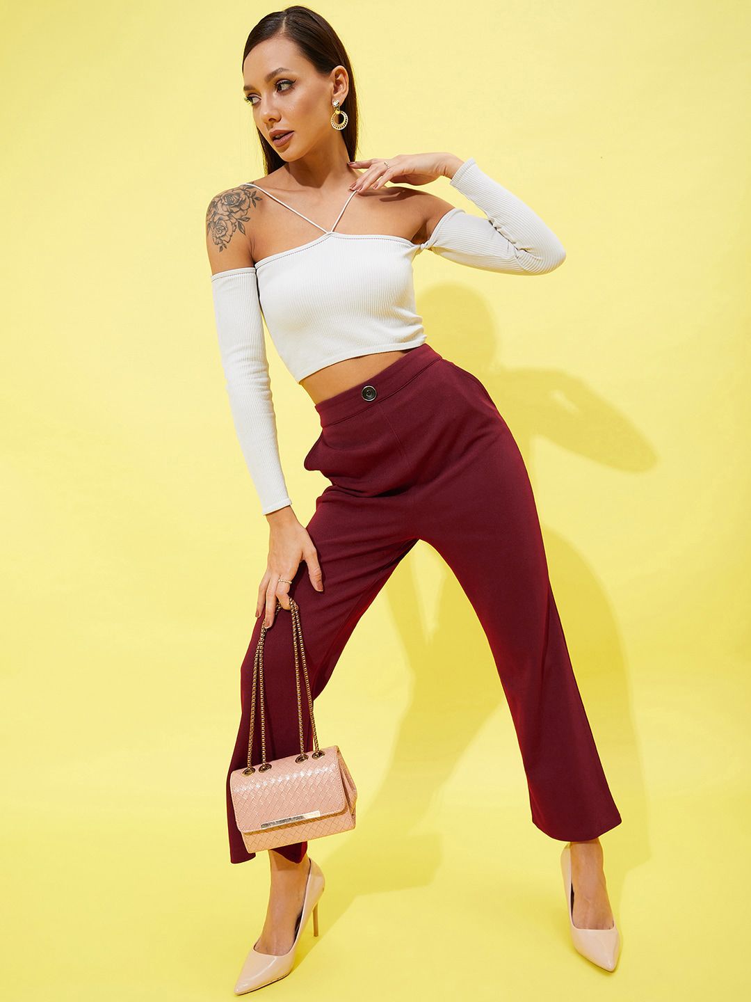 Athena Women Maroon Comfort High-Rise Plain Parallel Trousers