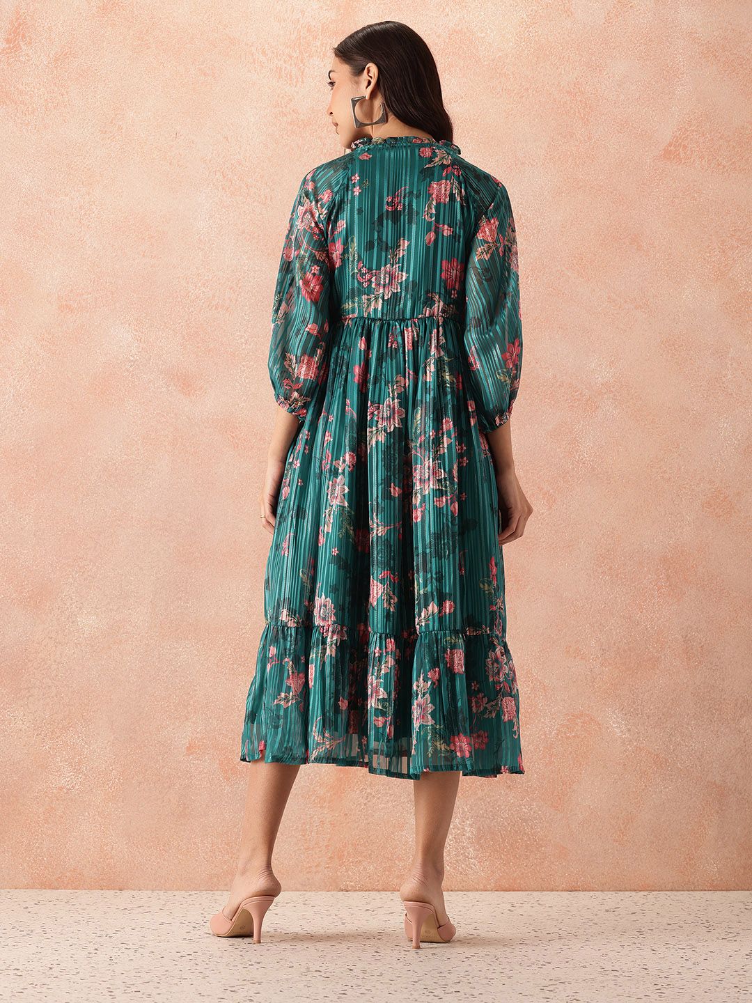 all about you Floral Print Tie-Up Neck Puff Sleeve Fit & Flare Midi Dress