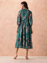 all about you Floral Print Tie-Up Neck Puff Sleeve Fit & Flare Midi Dress