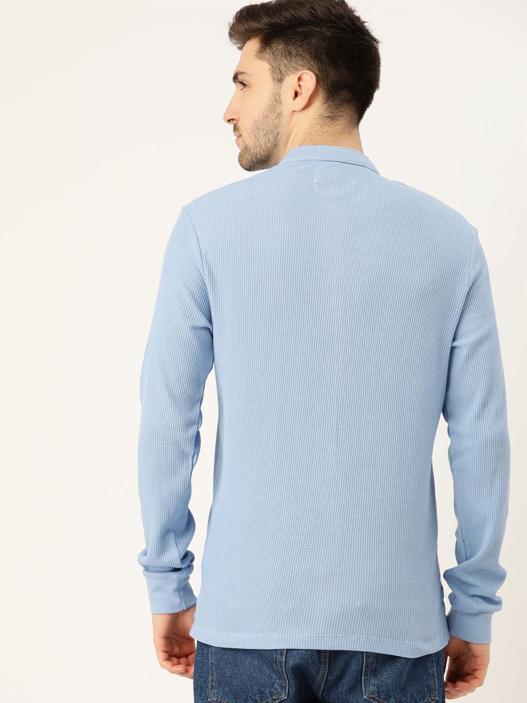 Mr Bowerbird Men Blue Pure Cotton Self-Striped Henley Neck Pure Cotton T-shirt